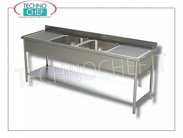 Evier professionnel inox avec 2 cuves CENTRALES et 2 égouttoirs, Ligne 700 Évier 2 bacs (50x50x30h cm) CENTRAL avec 2 égouttoirs, version Pannellatae avec étagère inférieure, dimensions 2000x700x950h mm