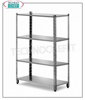 Étagères modulaires en acier inoxydable Rayonnage modulaire en ACIER INOXYDABLE avec 4 clayettes lisses RENFORCÉES montées sur un boulon, dimensions, mm 900x500x2000h