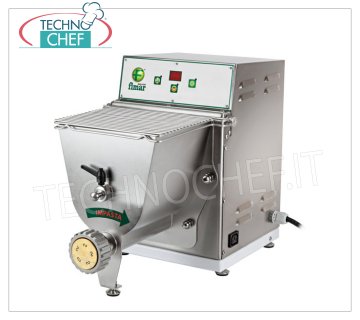 FIMAR - MACHINE À PÂTES FRAÎCHES EXTRUDÉES Professionnelle, bol 2 Kg - mod.PF25EN Machine à pâtes fraîches extrudées, avec cuve en acier inoxydable de 2 Kg, rendement horaire 8 Kg/h, V.400/3+N, Kw.0,37, Poids 26,5 Kg, dim.mm.310x550x420h