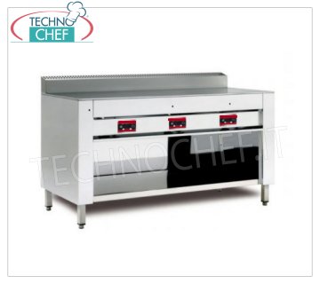 Petite cuisinière ÉLECTRIQUE avec PLAQUE EN CHROME SATINÉ, version ARMOIRE OUVERTE Cuisinière piadina électrique, version avec compartiment ouvert, plaque chromée polie 600x600 pour 4 piadinas, V 230/1, kw 4,00, dim. extérieur mm 650x730x960h