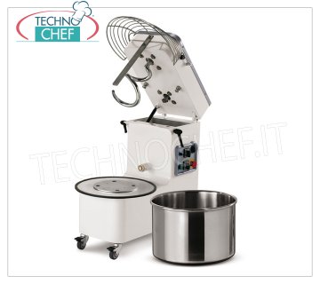 MÉLANGEUR À SPIRALE 18 Kg, avec TÊTE LEVANTE et BOL AMOVIBLE Pétrin à spirale 18 Kg avec tête relevable et cuve amovible 20 litres, V 230/1, kW 0,90, Poids 85 Kg, dim. mm 697x390x702h
