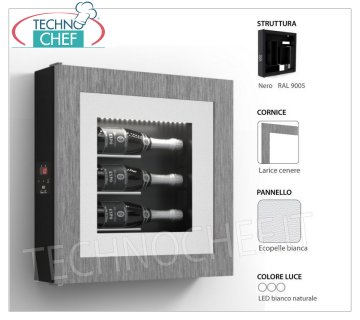 COFFRET À VIN RÉFRIGÉRÉ, 3 BOUTEILLES, Temp.+8°/+14° Panneau à vin RÉFRIGÉRÉ, 3 bouteilles, version avec : structure NOIRE, panneau ECO-CUIR BLANC, cadre STRATIFIÉ couleur MÉLÈZE CENDRÉ, lumière LED blanc naturel, Temp.+8°/+14°, V.230/1, Kw.0, 06, Poids 22 Kg, dim.mm.600x600x155h