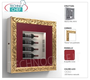 PANNEAU À VIN RÉFRIGÉRÉ, 4 BOUTEILLES, Température + 12 ° / + 18 ° Panneau à vin RÉFRIGÉRÉ, 4 Bouteilles, version avec: structure BLANCHE, panneau ECO-CUIR ROUGE, cadre DUNE OR PATINÉ, lumière LED blanc naturel, Température + 12 ° / + 18 °, V.230 / 1, Kw.0,06 , Poids 30 Kg, dim.mm.780x780x155h