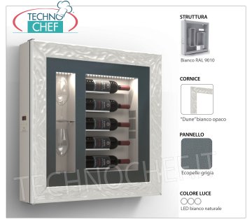 PANNEAU À VIN RÉFRIGÉRÉ, 5 BOUTEILLES et 2 VERRES, Température + 12° / + 18° Cave à vin RÉFRIGÉRÉE, 5 Bouteilles et 2 Verres, version avec : structure BLANCHE, panneau ECO-CUIR GRIS, cadre DUNE BLANC MATT, éclairage LED blanc naturel, Temp.+12°/+18°, V.230/1, Kw. 0 , 06, Poids 30 Kg, dim.mm.780x780x155h