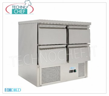 Forcold - Réfrigérateur / Table réfrigérée 4 tiroirs, Temp. + 2 ° / + 10 ° C, lt.220, Statique, modèle G-S9014D-FC Table Réfrigérée à 4 Tiroirs, Professionnel, Capacité 220 lt, Température + 2 ° / + 10 ° C, Réfrigération statique, Gastro-Norm 1/1, Gaz R600a, V.230 / 1, Kw.0,235, Poids 80 Kg, dim .mm.900x700x850h