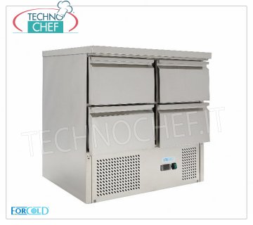 Forcold - Réfrigérateur / Table Réfrigérée 4 Tiroirs, Température + 2 ° / + 10 ° C, Lt 220, Statique, mod.G-S9014D-FC Table Réfrigérée avec 4 Tiroirs, Professionnelle, capacité 220 lt, Température + 2 ° / + 10 ° C, Réfrigération statique, Gastro-Norm 1/1, Gaz R600a, V.230 / 1, Kw.0,235, Poids 80 Kg, dim .mm.900x700x850h