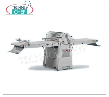 FEUILLE POUR PÂTISSERIE AVEC RUBANS 120x60 cm, Tables gigognes, mod. SF-600-120 Laminoir professionnel avec 1200x600 mm BANDES-TAPIS équipés de FARINE SOUS-PLATEAU et COLLECTEUR DE PÂTE, tables AMOVIBLES, rouleaux de LAMINATION de 600 mm réglables de 0 à 35 mm, poids Kg 211, kw 0,75, taille ouverte mm 2780x1010x1160h