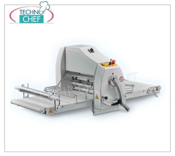 Laminoir professionnel pour pâtisserie avec rubans 71x50 cm, mod. SF-BECO-71 Laminoir à Pâtisserie de Comptoir, avec BANDES-TAPIS, 71x50 cm, COMMANDES MANUELLES, TABLES Pliantes de 710 mm de Long, ROULEAUX DE LAMINAGE mm. 500, OUVERTURE DES ROULEAUX de : 0 à 40 mm, Poids Kg 90, kw 0,55, dim. ouvert mm. 1480x870x600