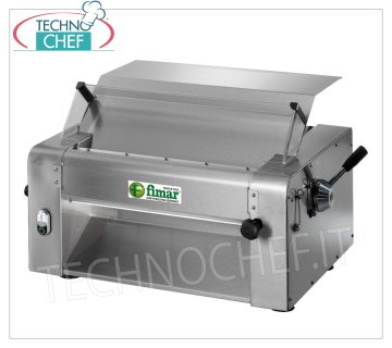 Laminoir avec 1 paire de rouleaux inox 304 poli pour table LAMINOIR-Laminoir à pizza avec 1 PAIRE DE ROULEAUX EN ACIER INOXYDABLE pour pizza et pâtes aux œufs, LONGUEUR ROULEAU 320 mm, V 230/1, kW 0,37, dim. millimètre 580x480x400h