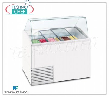 MONDIAL FRAMEC - Vitrine pour crème glacée à la crème, lt.431, Mod.SLANT510ICE Vitrine pour crème glacée à la crème, MONDIAL FRAMEC, capacité 431 litres, température -15 ° / -20 ° C, statique avec évaporateur enveloppé dans le réservoir, V. 230/1, Kw 0,28, Poids 103 Kg, dim.mm.1341x725x1235h