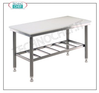 Tables de boucher avec plateau en polyéthylène épaisseur 25 mm, profondeur 700 mm Table de travail de boucher avec plateau en polyéthylène épaisseur 25 mm, sur STRUCTURE SOLIDE EN ACIER INOXYDABLE SOUDÉ avec étagère inférieure grillagée, dim. millimètre 1000x700x850h