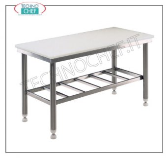 Tables de boucher avec plateau en polyéthylène épaisseur 25 mm, profondeur 700 mm Table de travail de boucher avec plateau en polyéthylène épaisseur 25 mm, sur STRUCTURE SOLIDE EN ACIER INOXYDABLE SOUDÉ avec étagère inférieure grillagée, dim. millimètre 1000x700x850h