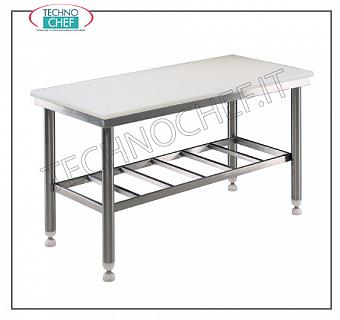 Tables de boucher avec plateau en polyéthylène de 80 mm d'épaisseur, profondeur de 700 mm Table de travail de boucherie avec plateau en polyéthylène de 80 mm d'épaisseur, STRUCTURE SOUDÉE INOXYDABLE ROBUSTES avec tablette inférieure grillée, dim. 1000x700x850h mm