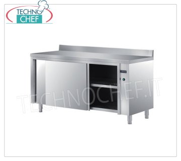 TECHNOCHEF - Armoire chauffante en inox 304, avec portes coulissantes et dosseret, profondeur 60 cm Armoire chaude en inox 304, ventilée électriquement avec dosseret, 2 portes coulissantes en nid d'abeille et étagère intermédiaire réglable, thermostat numérique, V 230/1, Kw 2,5, dimensions 1200x600x850h mm