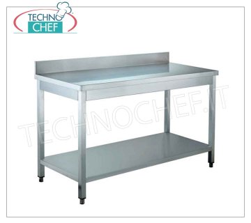 Tables en inox, sur pieds avec étagère inférieure et dosseret, profondeur 60 cm Table de travail en inox sur pieds avec tablette inférieure et dosseret, dim. mm 600x600x850h