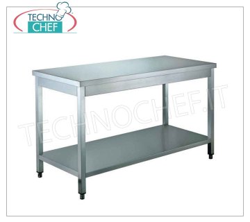 Tables en inox, sur pieds avec étagère inférieure, profondeur 60 cm Table de travail sur pieds avec étagère inférieure, sans dosseret, dim. mm 600x600x850h