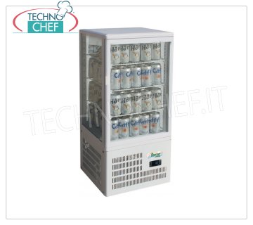 Forcar - Vitrine Réfrigérée pour Boissons, 1 Porte, lt.58, Ventilée, temp.+2°/+8°C, Classe C, mod.G-TCBD68 Réfrigérateur Professionnel pour Boissons, vitre sur 4 côtés, 1 porte, Ventilé, temp.+2°/+8°C, capacité 58 litres, Classe C, éclairage LED, complet avec 3 grilles, V.230/1 , Kw.0 ,16, Poids 33 Kg, dim.mm.428x386x927h