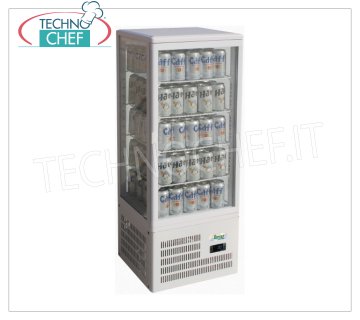 Forcar - Vitrine Réfrigérée pour Boissons, 1 Porte, lt.98, Ventilée, Temp.+2°/+8°C, Classe C, mod.G-TCBD98 Armoire Réfrigérée Professionnelle pour Boissons, vitrée sur 4 côtés, 1 Porte, Temp.+2°/+8°C, Ventilée, Gaz R600a, éclairage LED, complète de 4 étagères, Classe C, V.230/1, Kw.0 ,17, Poids 38 Kg, dim.mm.428x386x1152h