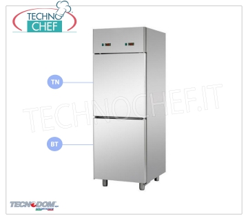 Meuble combiné réfrigérateur-congélateur professionnel 2 1/2 portes, double température, lt.700, marque TECNODOM Combiné Réfrigérateur/Congélateur Meuble 2 demi-portes, marque TECNODOM, structure en acier inoxydable, capacité 700 litres, bi-température 0°/+10°C, -18°/-22°C, réfrigération ventilée, GN 2/1, V.230 / 1, Kw.0,385 + 0,65, Poids 150 Kg, dim.mm.710x800x2030h