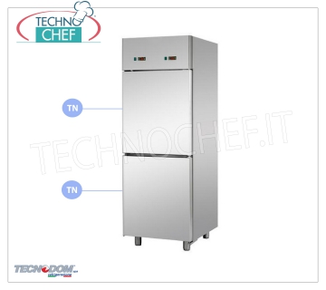 Armoire frigorifique combinée professionnelle 2 1/2 portes, double température, 700 litres, marque TECNODOM Armoire frigorifique combinée 2 demi-portes, marque TECNODOM, structure en acier inoxydable, capacité 700 litres, bi-température 0°/+10°C, 0°/+10°C, réfrigération ventilée, Gastro-Norme 2/1, V. 230/ 1, Kw.0,385 + 0,385, Poids 150 Kg, dim.mm.710x800x2030h