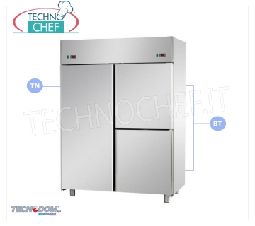 Meuble Combiné Réfrigérateur-Congélateur Professionnel 1 porte + 2 1/2 portes, 2 températures, 1400 litres, TECNODOM Combiné Réfrigérateur / Congélateur 1 porte + 2 demi-portes, marque TECNODOM, structure en acier inoxydable, lt. 1400, double température 0 ° / + 10 ° C, -18 ° / -22 ° C, réfrigération ventilée, GN 2/1 , V.230/1, Kw.0,385 + 0,65, Poids 192 Kg, dim.mm.1420x800x2030h