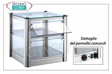 Vitrines chaudes DISPLAY HOT DISPLAY, avec 2 PLANS, STRUCTURE EN ACIER INOXYDABLE, verre sur 4 côtés, portes côté coulissant en plexiglas, complet avec HUMIDIFICATEUR, température de + 30 ° à + 90 ° C, convient pour GN 2/3, V .230 / 1, Kw.0,5, dim.mm.370X370X390h