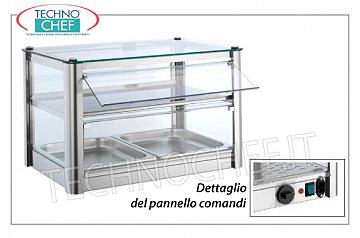 Vitrines chaudes AFFICHAGE Compteur AFFICHAGE À CHAUD, avec 2 PLANS, STRUCTURE EN ACIER INOXYDABLE, vitre sur 4 côtés, PORTES EN PLEXIGLASS du côté de l'opérateur, complet avec HUMIDIFICATEUR, température de + 30 ° à + 90 ° C, convient aux récipients GN 1/1, V .230 / 1, Kw.0,5, dim.mm.570X370X390h