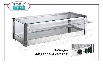 Vitrines chaudes AFFICHAGE AFFICHAGE À CHAUD, comptoir, 1 ÉTAGE, ACIER INOXYDABLE, verre sur 4 côtés, portes côté coulissant en plexiglas, complet avec HUMIDIFICATEUR, température comprise entre + 30 ° et + 90 ° C, convient pour GN 1/1 + 1 bac / 2, V.230 / 1, Kw.1,00, dim.mm.870X370X240h
