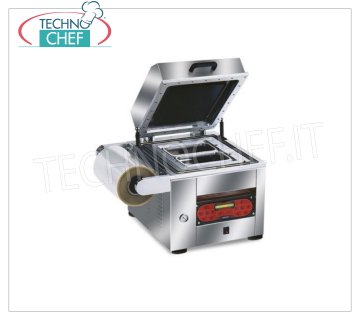 EUROMATIC - Technochef, Soudeuses semi-automatiques sous vide / à gaz pour plateaux, Mod.TRAY 600 Thermosoudeuse sous vide / à gaz, pour PLATEAUX PRÉFORMÉS, BANC AUTOMATIQUE avec COMMANDES NUMÉRIQUES, pour MESURE DES CONTENANTS MAX de 265x325 mm, V 230/1, Kw 1.8, Poids 120 Kg, dimensions extérieures mm 610x600x560h