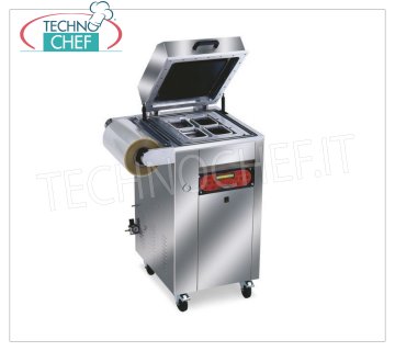 EUROMATIC - Technochef, Soudeuses semi-automatiques sous vide / à gaz pour plateaux, Mod.TRAY 800 Thermoscelleuse sous vide / gaz, pour PLATEAUX PRÉFORMÉS, AUTOMATIQUE sur MEUBLES SUR ROUES, commandes numériques, pour CONTENEURS MESURES MAX de 265x325 mm, V 230/1, Kw 1,8, Poids 180 Kg, dimensions extérieures mm 610x600x1100h