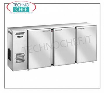 Comptoirs réfrigérés pour bars Comptoir arrière réfrigéré polyvalent, 3 portes aveugles en acier inoxydable, ventilé, temp. + 2 ° + 8 °, V 230/1, kW 3,96, dim. mm 1880x540x850h.
