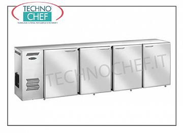 Comptoirs de réfrigérateurs pour bars Comptoir arrière réfrigéré polyvalent, 4 portes aveugles en acier inoxydable, ventilé, temp. + 2 ° + 8 °, V 230/1, kW 4,23, dim. mm 2400x540x850h.