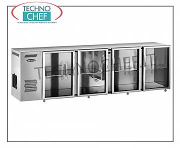 Frigo bar 4 portes vitrées, Ventilé, Temp.+2°+8° - En Inox, 274 cm de long Comptoir réfrigéré pour bars, 4 portes vitrées, ventilé, temp + 2 ° + 8 °, extérieur en acier inoxydable, V, 220/1, 50 Hz, dim. mm 2740x540x850h