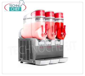 Machine à slush, sorbetière et crèmes froides avec réservoirs de 3 litres 10, modèle MT3 Machine à sorbet / slush avec 3 réservoirs de 10 litres en polycarbonate incassable non toxique, corps en acier inoxydable, condenseur à air, V.230 / 1, Kw.1,3, poids 49 Kg, dim.mm.540x470x690h