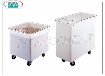 Trémies à roues pour farine et sucre TRÉMIE EN POLYÉTHYLÈNE BLANC SUR CHARIOT, capacité 121 litres, COINS ARRONDIS, avec COUVERCLE COULISSANT EN POLYCARBONATE TRANSPARENT, dimensions 560x610x585h mm