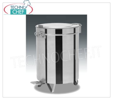 Poubelle en acier inoxydable sur roulettes, capacité lt.100 Poubelle ronde en acier inoxydable sur roulettes, couvercle avec ouverture à pédale, 100 litres, poids 8,5 kg, dim.mm.460x610x690h